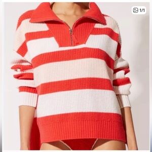 Solid and Striped Red and Pink Cowl Neck Sweater